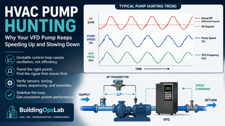 HVAC pump hunting trend showing differential pressure, pump speed, and VFD frequency oscillation