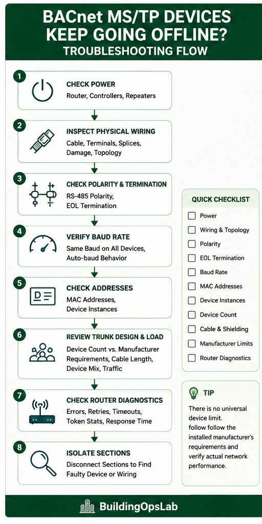 BACnet MS/TP devices offline troubleshooting flow covering power, RS-485 wiring, termination, baud rate, addressing, trunk design, router diagnostics, and isolation.