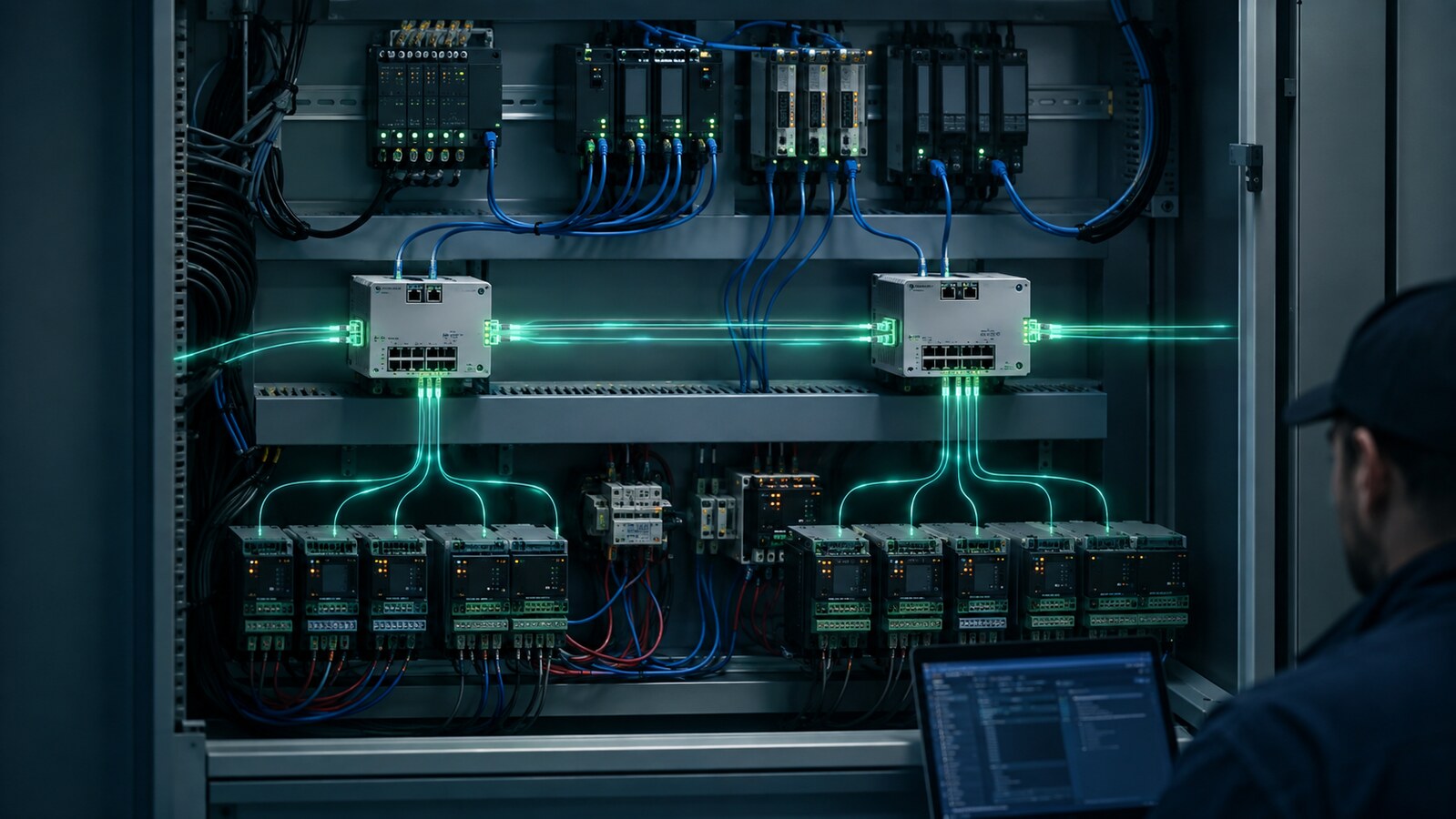 BACnet control panel with two routers and separate MS/TP controller networks.