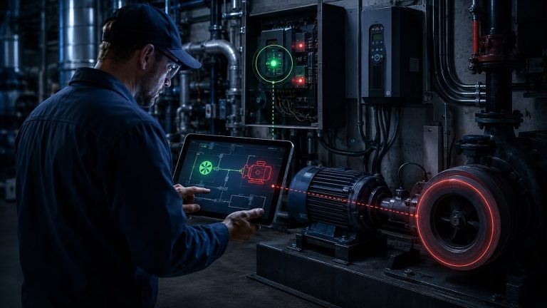 BAS technician comparing a graphic command with the physical pump and VFD operating status.