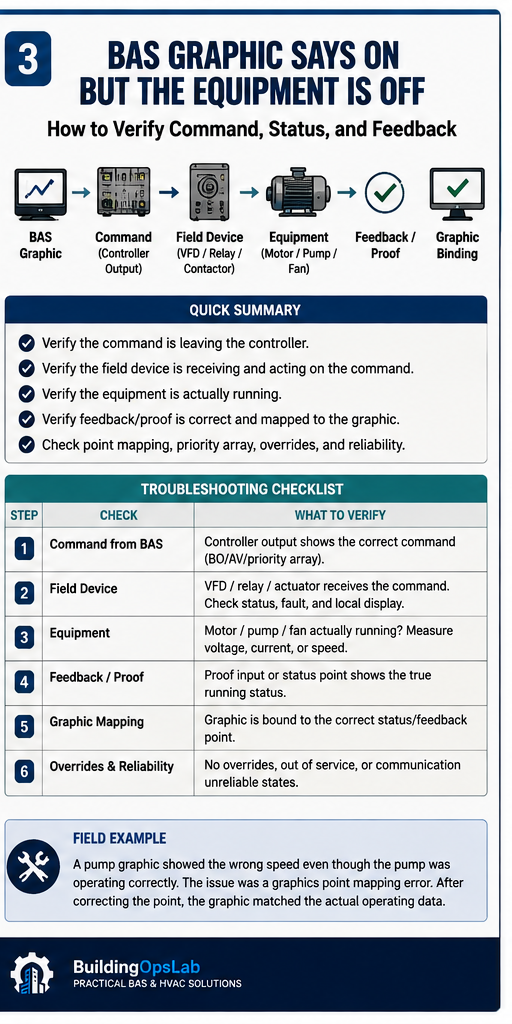 BAS Command, Status, and Feedback Verification BAS graphic says ON but equipment is off troubleshooting diagram showing command, status, feedback, priority, and field proof