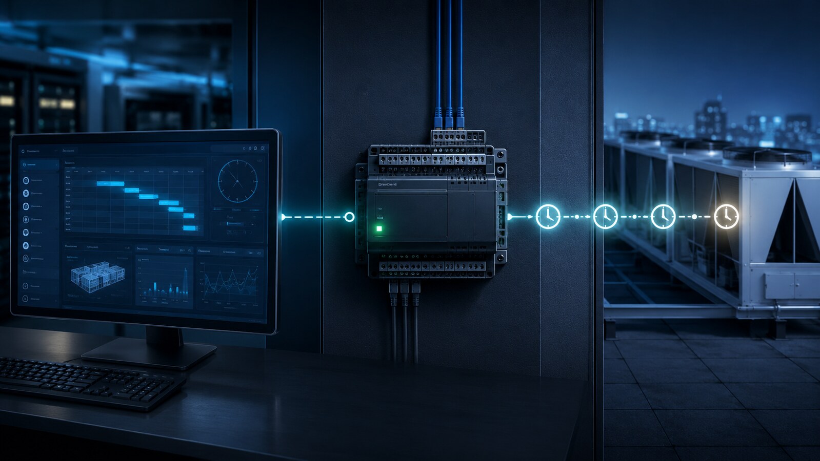BAS workstation connected to the controller that hosts the schedule and commercial HVAC equipment.