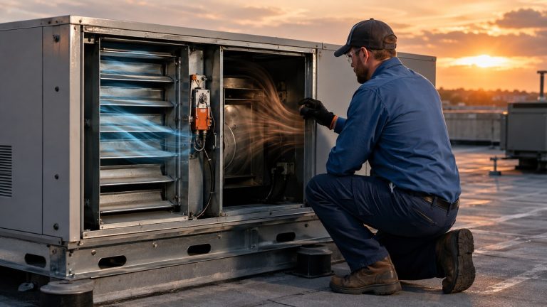HVAC technician inspecting an RTU economizer damper and actuator on a commercial rooftop.