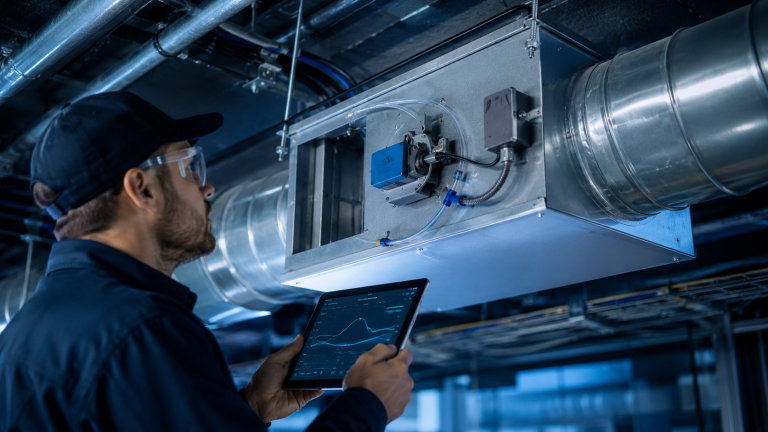 Commercial HVAC technician inspecting a VAV box actuator and airflow performance.