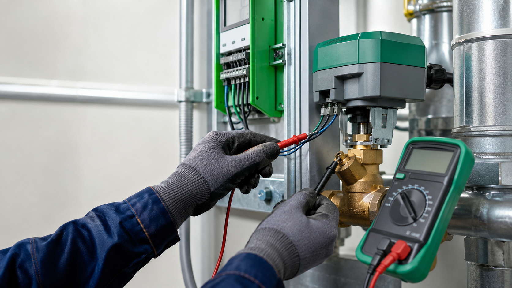Technician measuring the DC control signal at a commercial HVAC valve actuator with a digital multimeter.