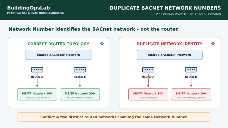 Duplicate BACnet Network Number troubleshooting with two routed networks using the same identity and a corrected unique topology