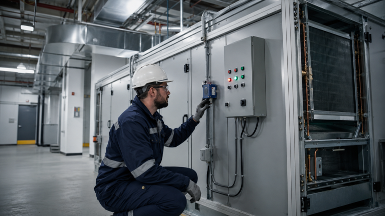HVAC technician inspecting a freezestat and control panel on a commercial air-handling unit.