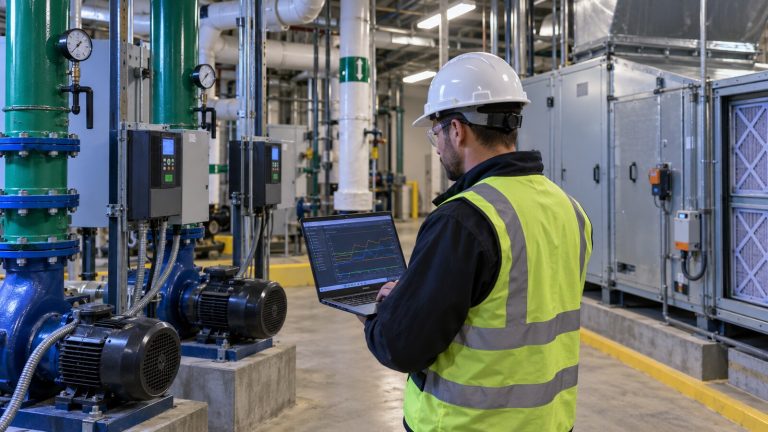 BAS technician reviewing HVAC trend graphs beside pumps, VFDs, and air-handling equipment.