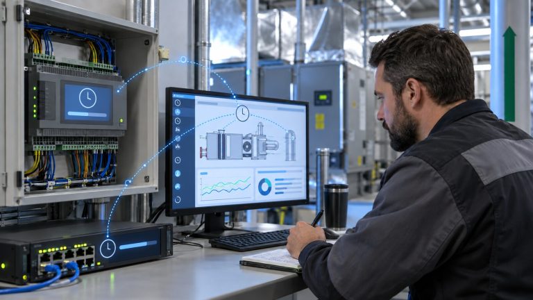 BAS technician reviewing synchronized time across a supervisor, network controller, and field controllers.