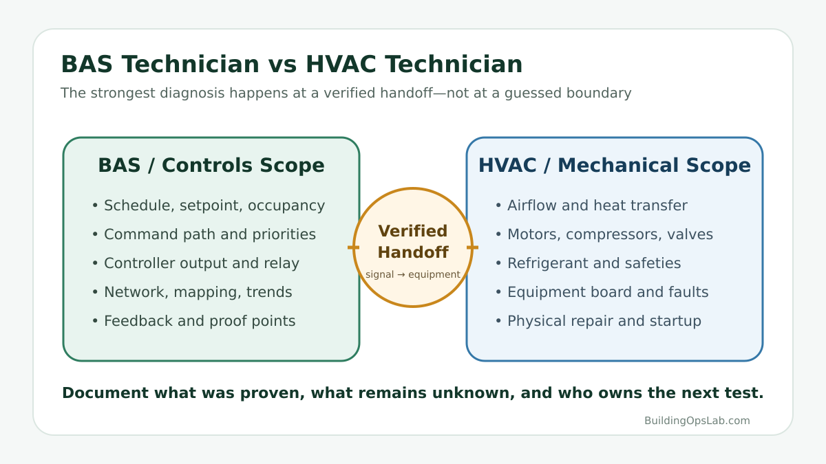 BAS technician and HVAC technician troubleshooting scopes connected by a verified signal-to-equipment handoff.