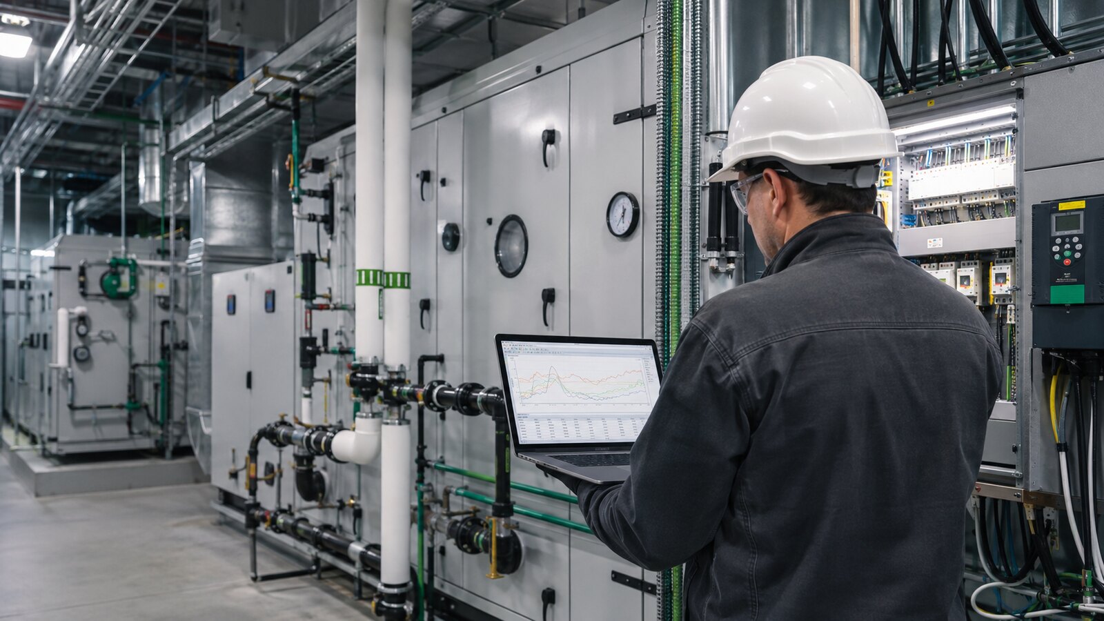 BAS technician reviewing HVAC trend data while inspecting equipment in a commercial mechanical room.
