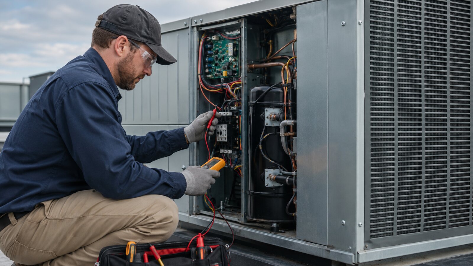HVAC technician testing a commercial rooftop unit compressor control circuit and contactor.
