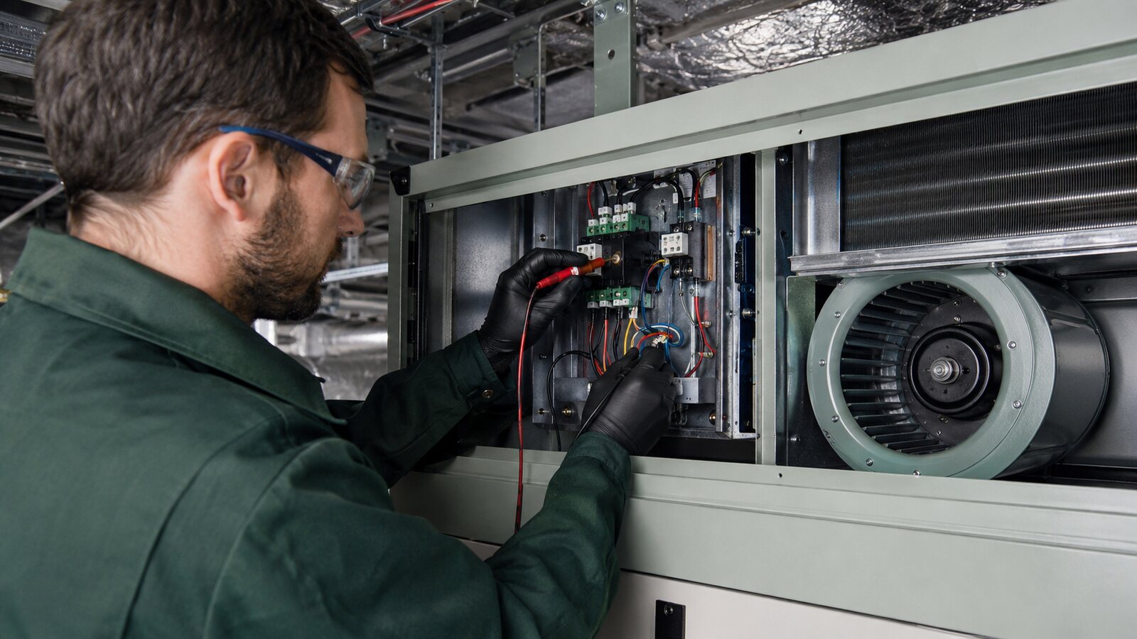 HVAC technician testing a fan coil unit controller output and relay with the fan assembly visible.