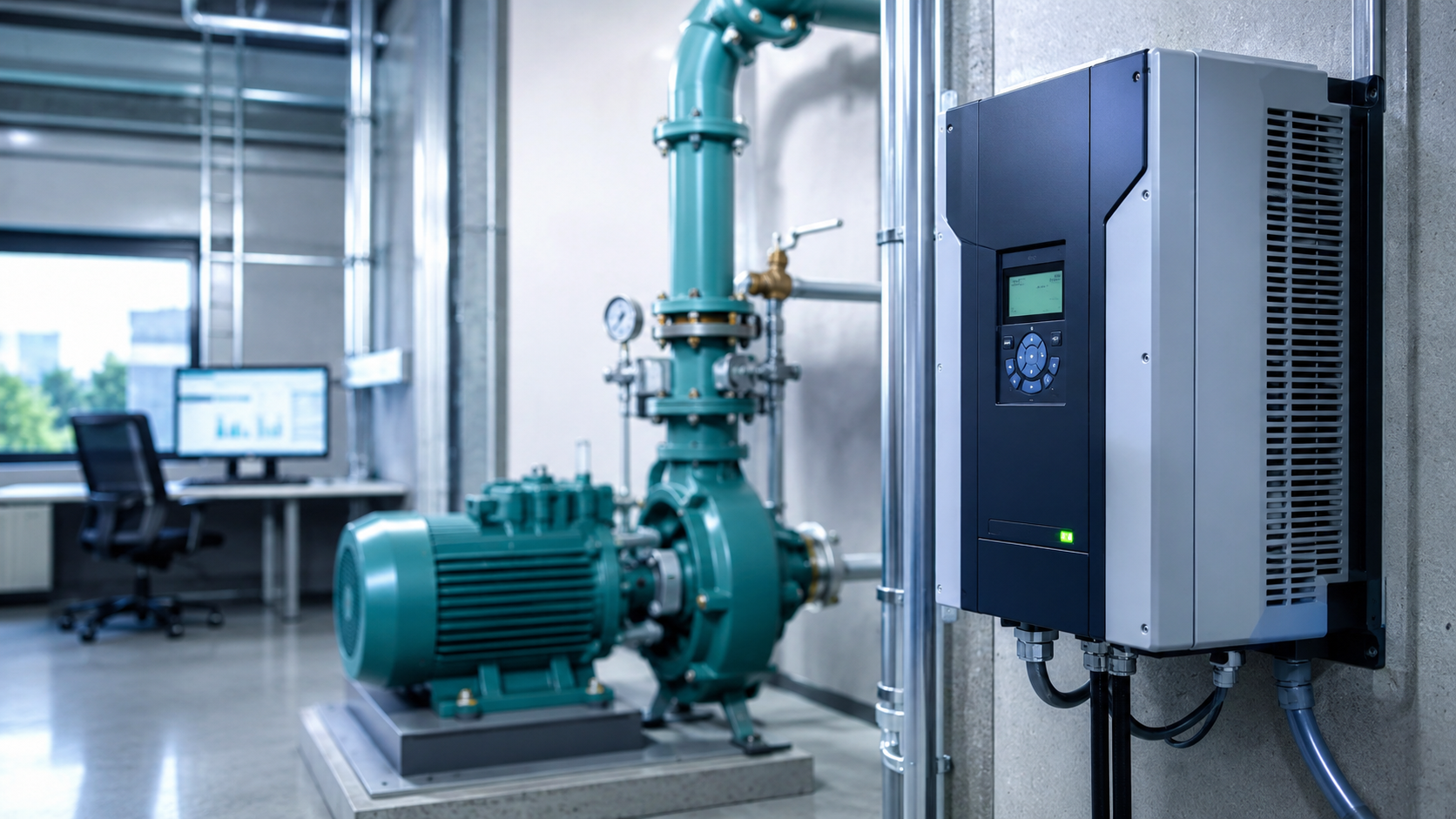 Commercial HVAC pump and VFD in a mechanical room with a BAS workstation in the background.